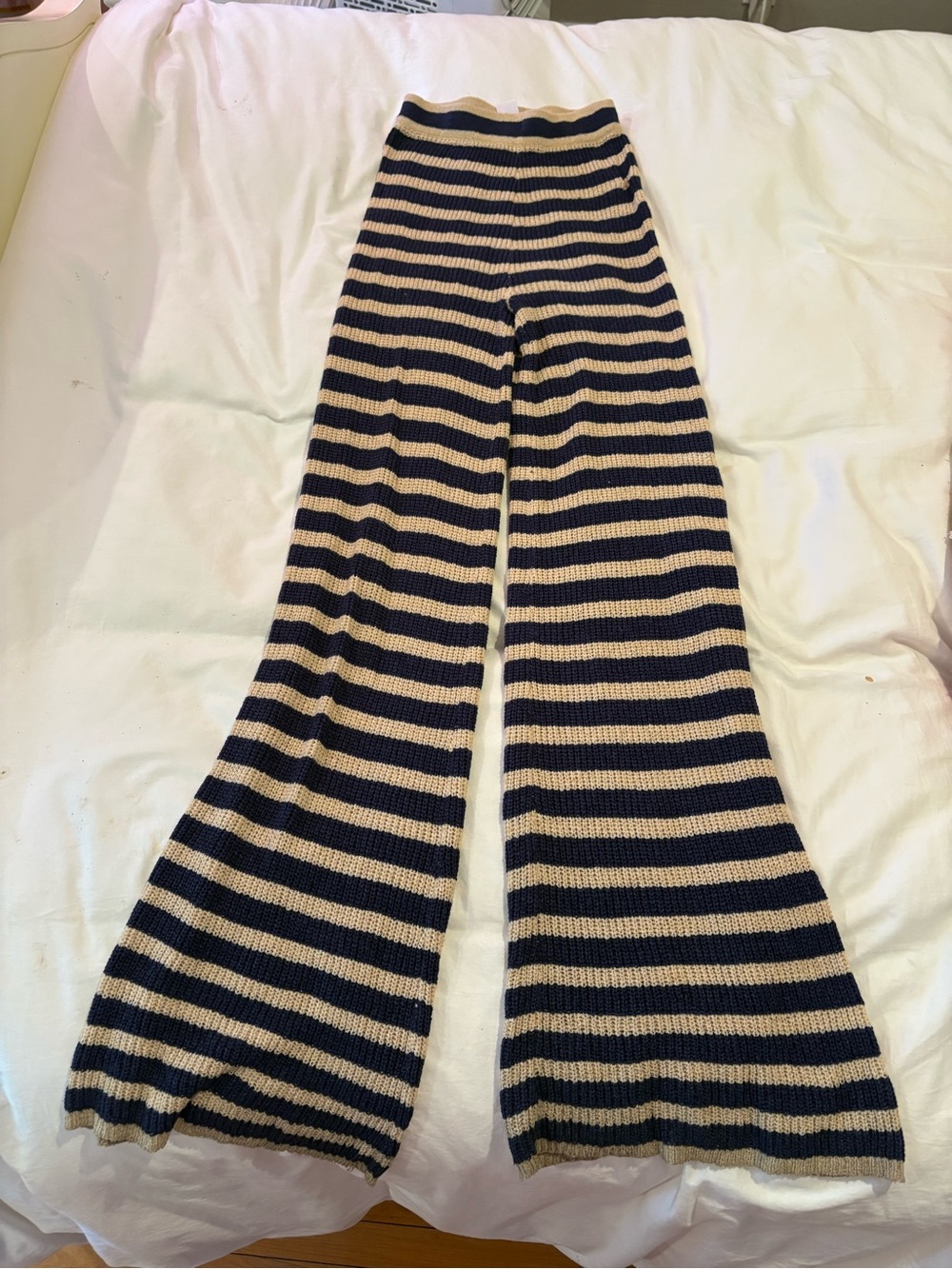 Anthropologie Navy and Cream Striped Knit Flare Pants